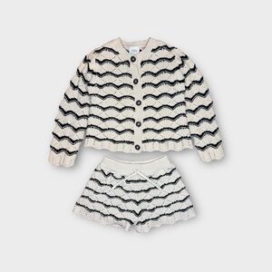 Zara Chevron Black & Beige Crochet Knit Cardigan & Shorts Matching Set